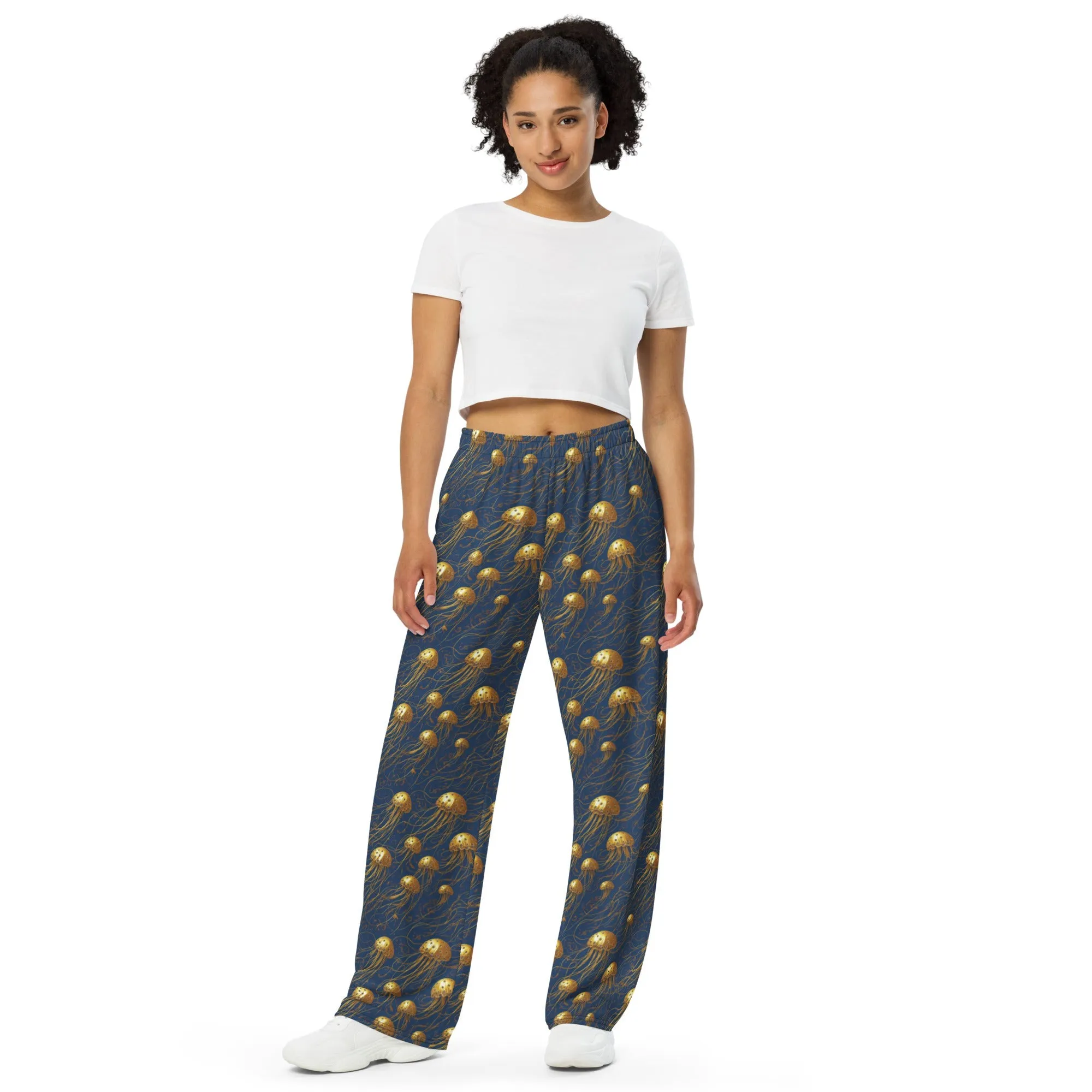 Wide-leg Pants - Blue and Gold Jellyfishes