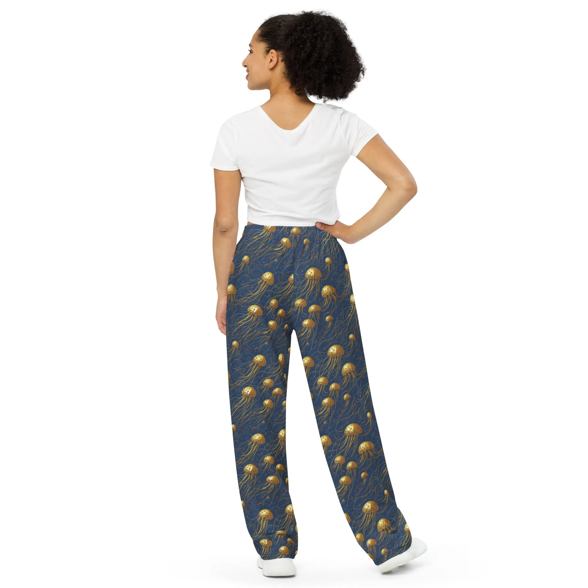 Wide-leg Pants - Blue and Gold Jellyfishes