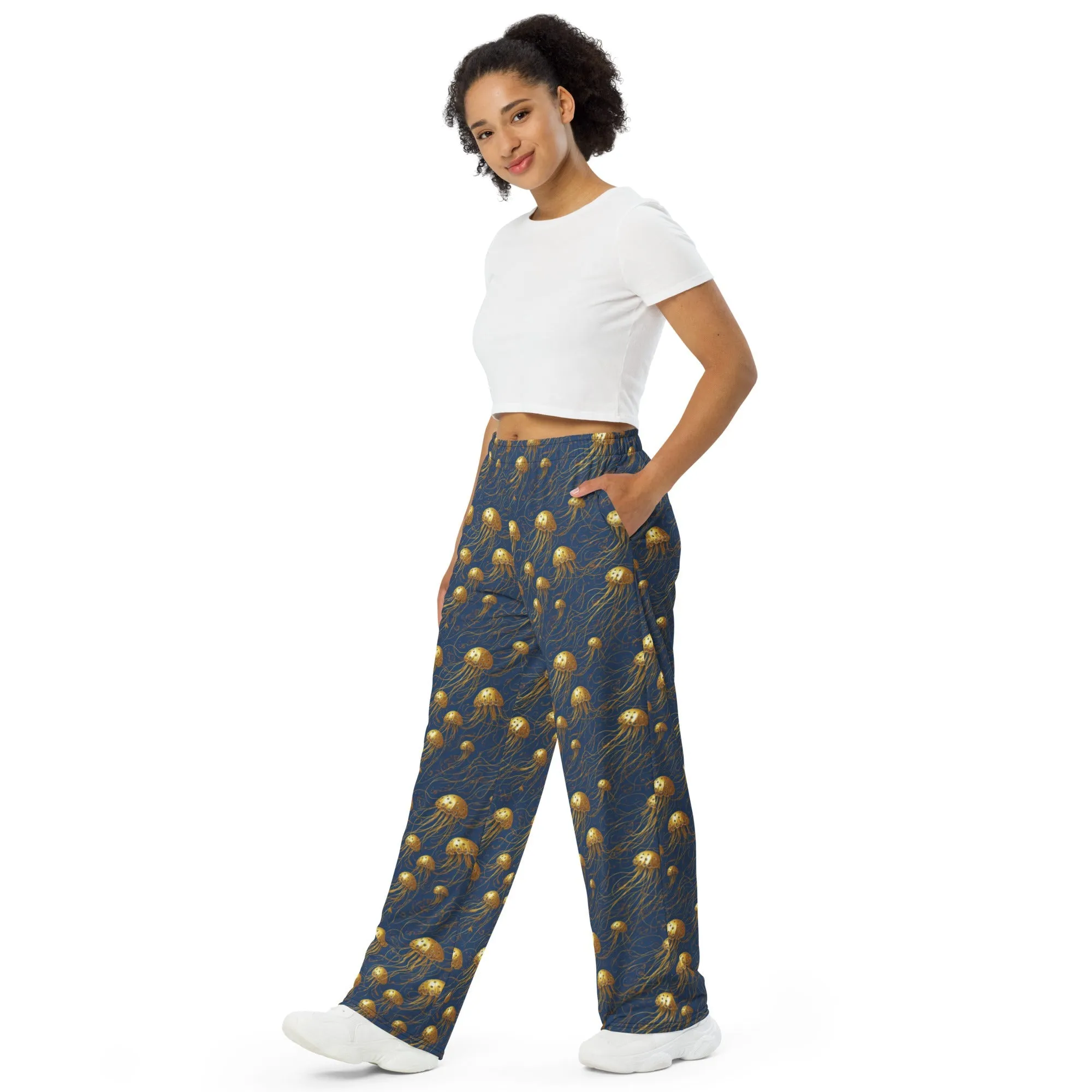Wide-leg Pants - Blue and Gold Jellyfishes