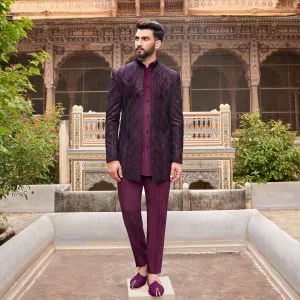Wine Hue Printed Short Indowestern Set