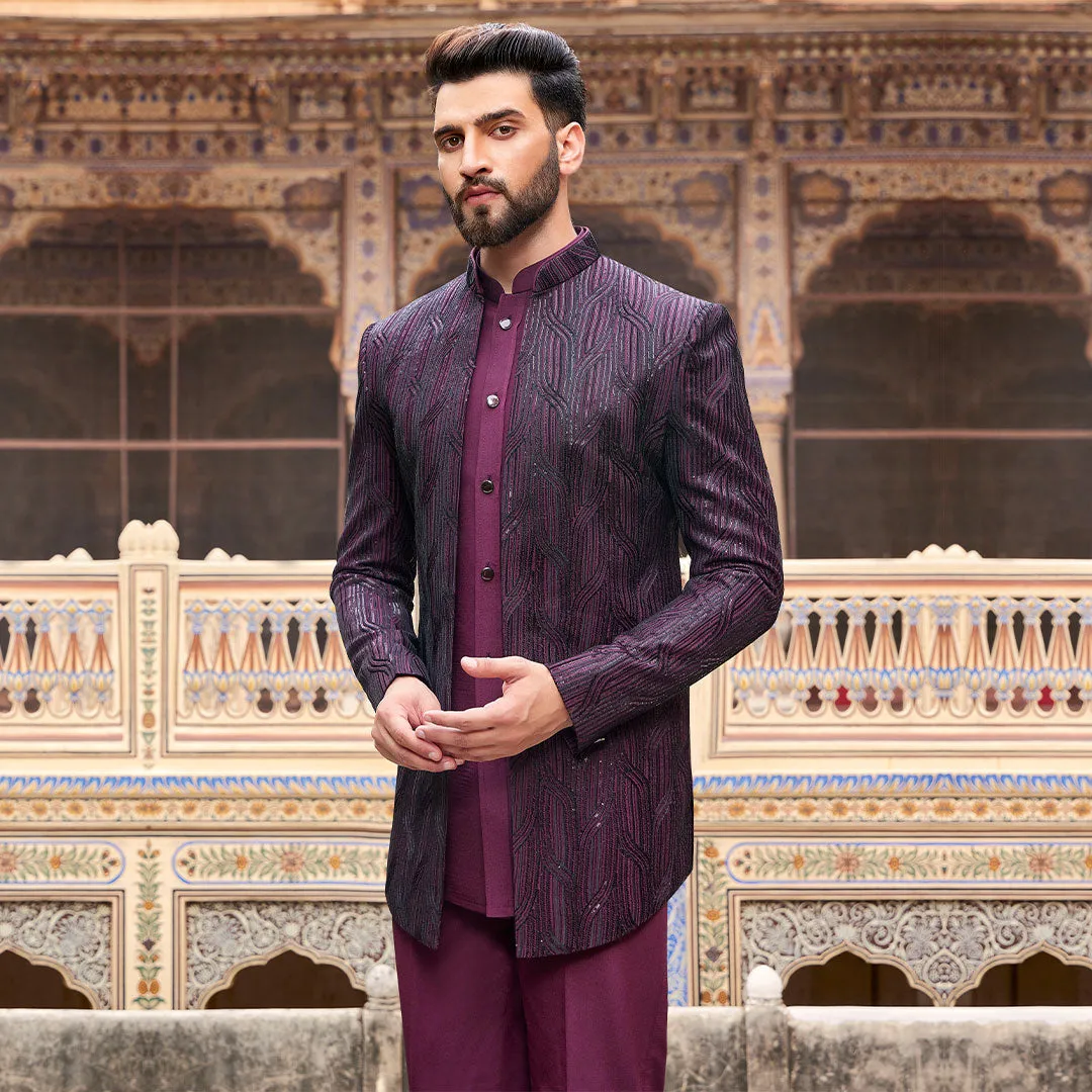 Wine Hue Printed Short Indowestern Set