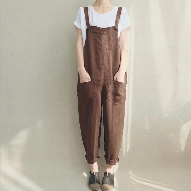 Women Casual Linen Jumpsuits Overalls Pants with Pockets Vintage Linen Harem Pants