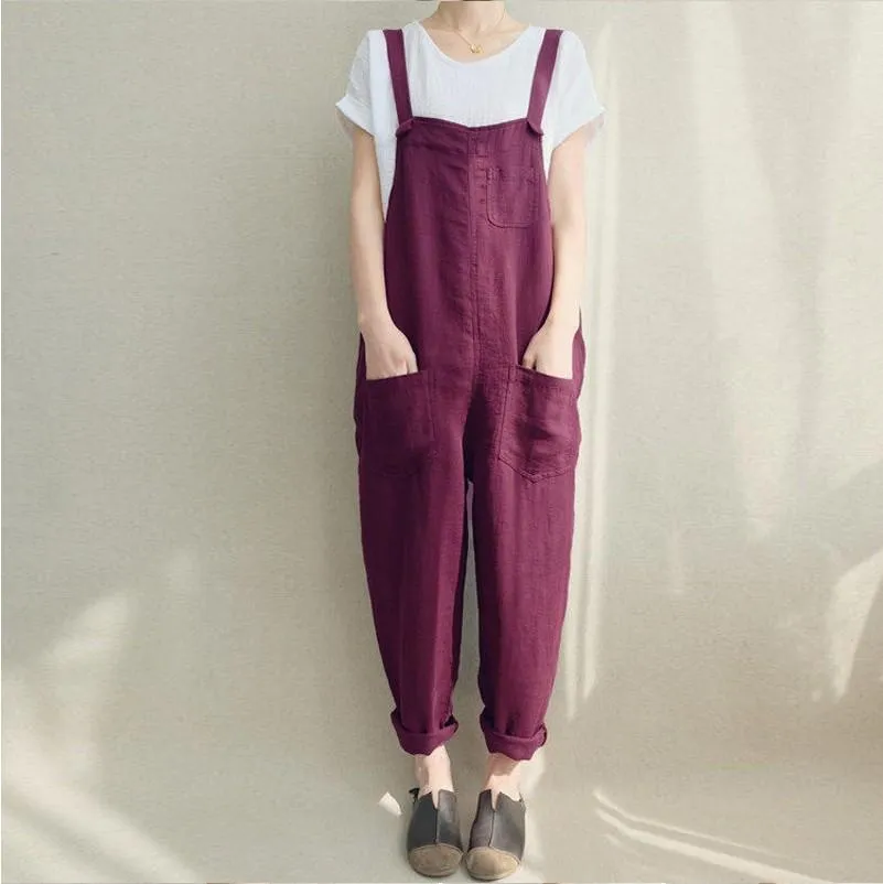 Women Casual Linen Jumpsuits Overalls Pants with Pockets Vintage Linen Harem Pants