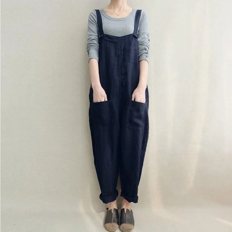 Women Casual Linen Jumpsuits Overalls Pants with Pockets Vintage Linen Harem Pants