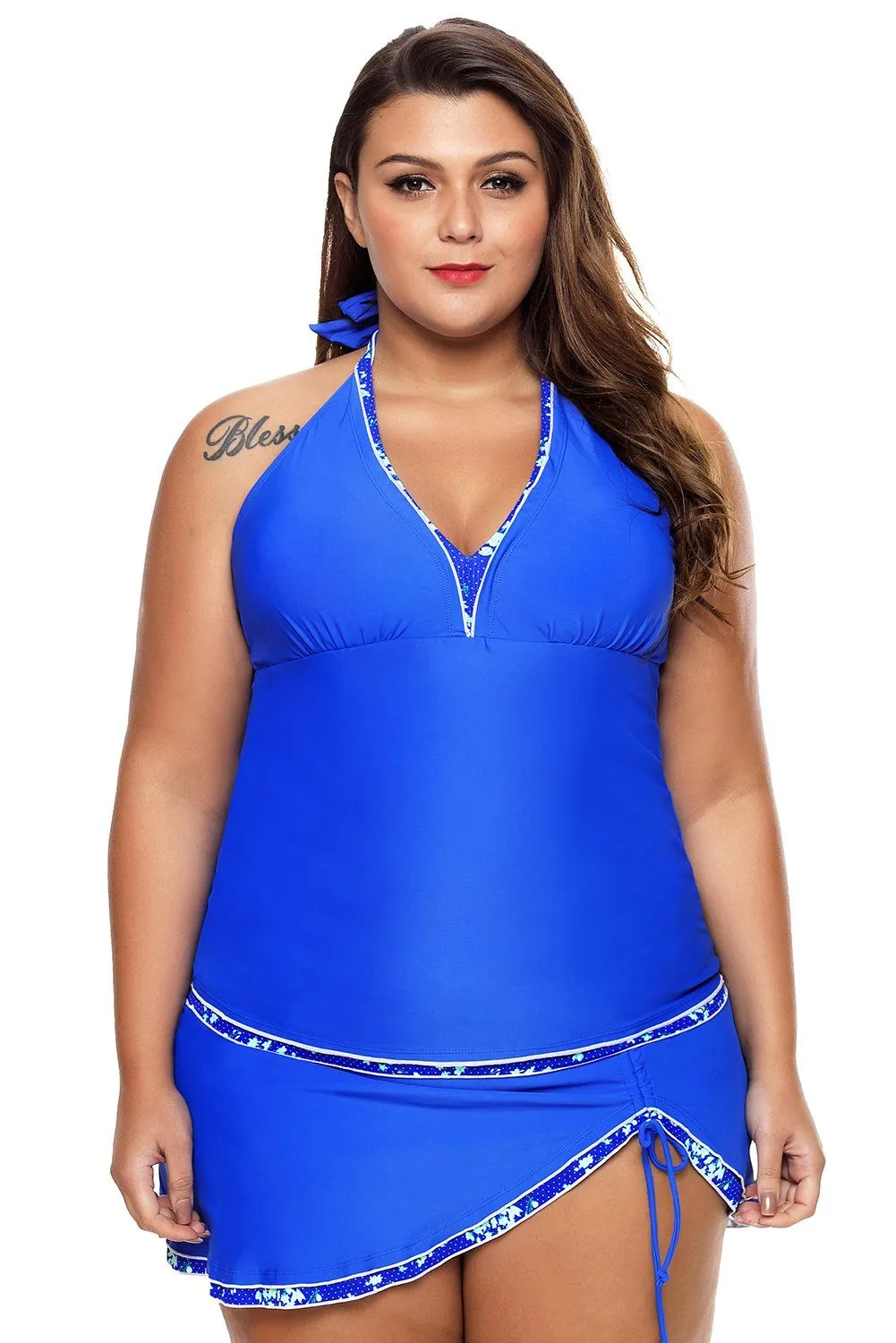 Women Two Piece Royal Blue Deep V Neckline Tankini Skirt Skort Halter 2 PC Set Swimsuit Set