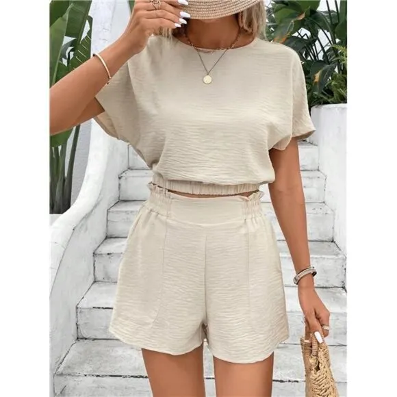 Women's Fashionable Old Money Style Blue Texture Short Sleeve Top And Shorts Set