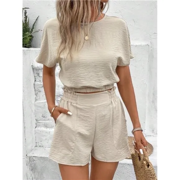 Women's Fashionable Old Money Style Blue Texture Short Sleeve Top And Shorts Set