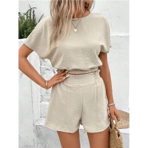 Women's Fashionable Old Money Style Blue Texture Short Sleeve Top And Shorts Set