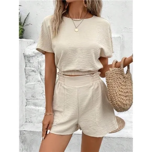 Women's Fashionable Old Money Style Blue Texture Short Sleeve Top And Shorts Set