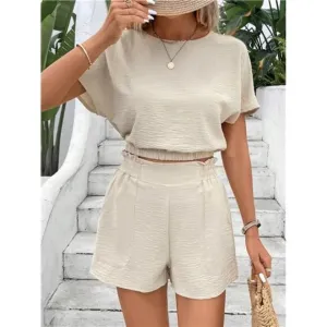 Women's Fashionable Old Money Style Blue Texture Short Sleeve Top And Shorts Set