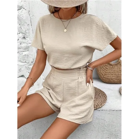 Women's Fashionable Old Money Style Blue Texture Short Sleeve Top And Shorts Set