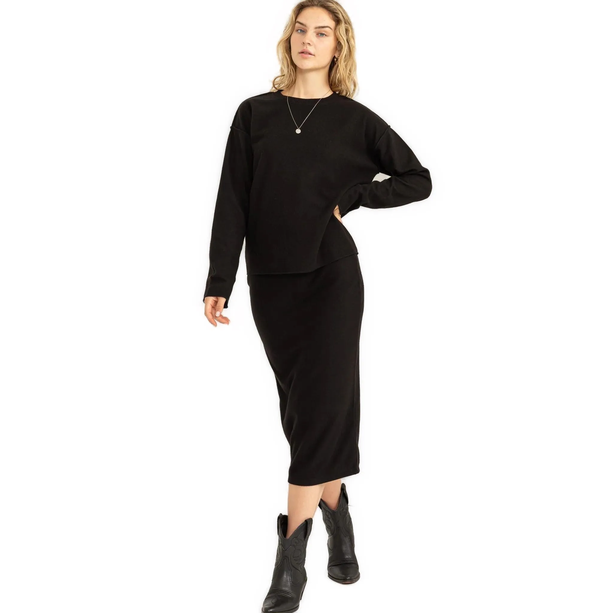 Women's High Waist Back Slit Midi Skirt in Black or Cream