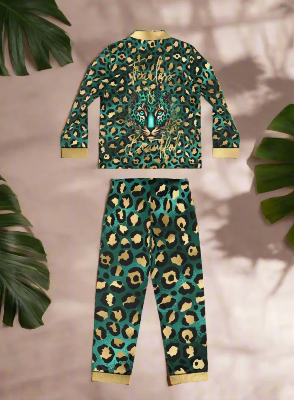 Women's Luxury Leopard Print Satin Pajamas - Empowering Fearless & Beautiful Sleepwear Set