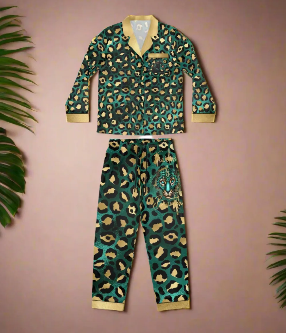Women's Luxury Leopard Print Satin Pajamas - Empowering Fearless & Beautiful Sleepwear Set