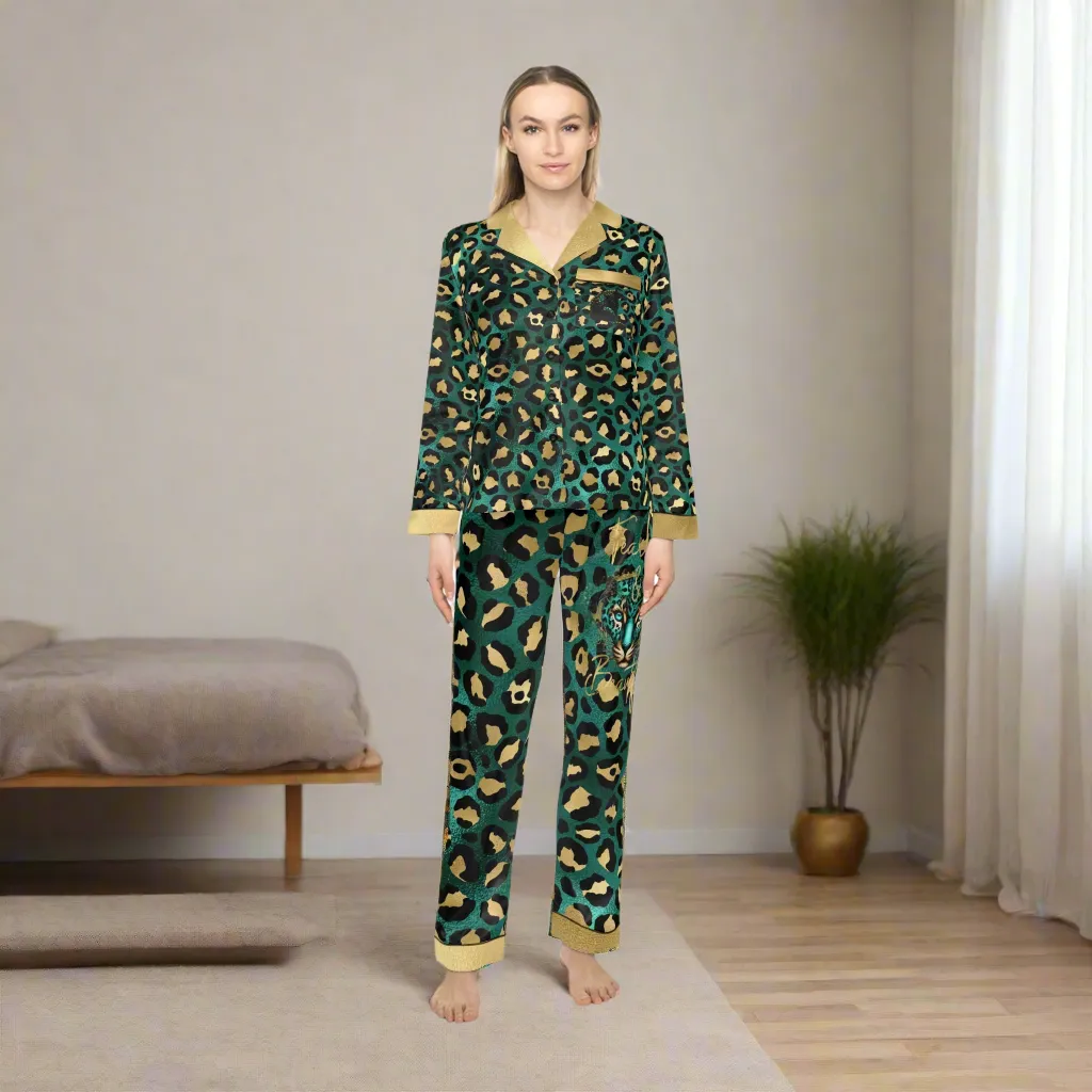 Women's Luxury Leopard Print Satin Pajamas - Empowering Fearless & Beautiful Sleepwear Set