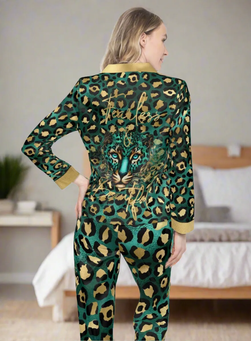 Women's Luxury Leopard Print Satin Pajamas - Empowering Fearless & Beautiful Sleepwear Set