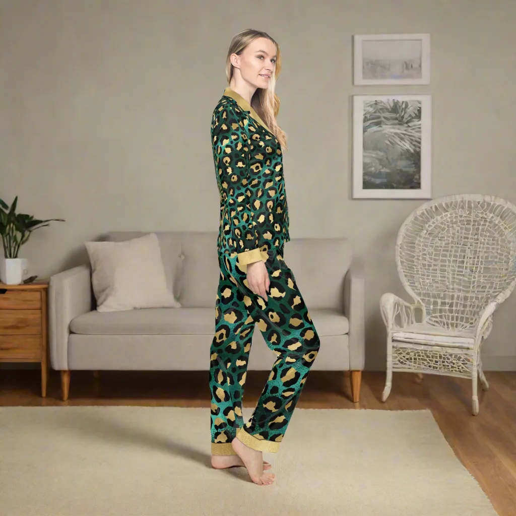 Women's Luxury Leopard Print Satin Pajamas - Empowering Fearless & Beautiful Sleepwear Set