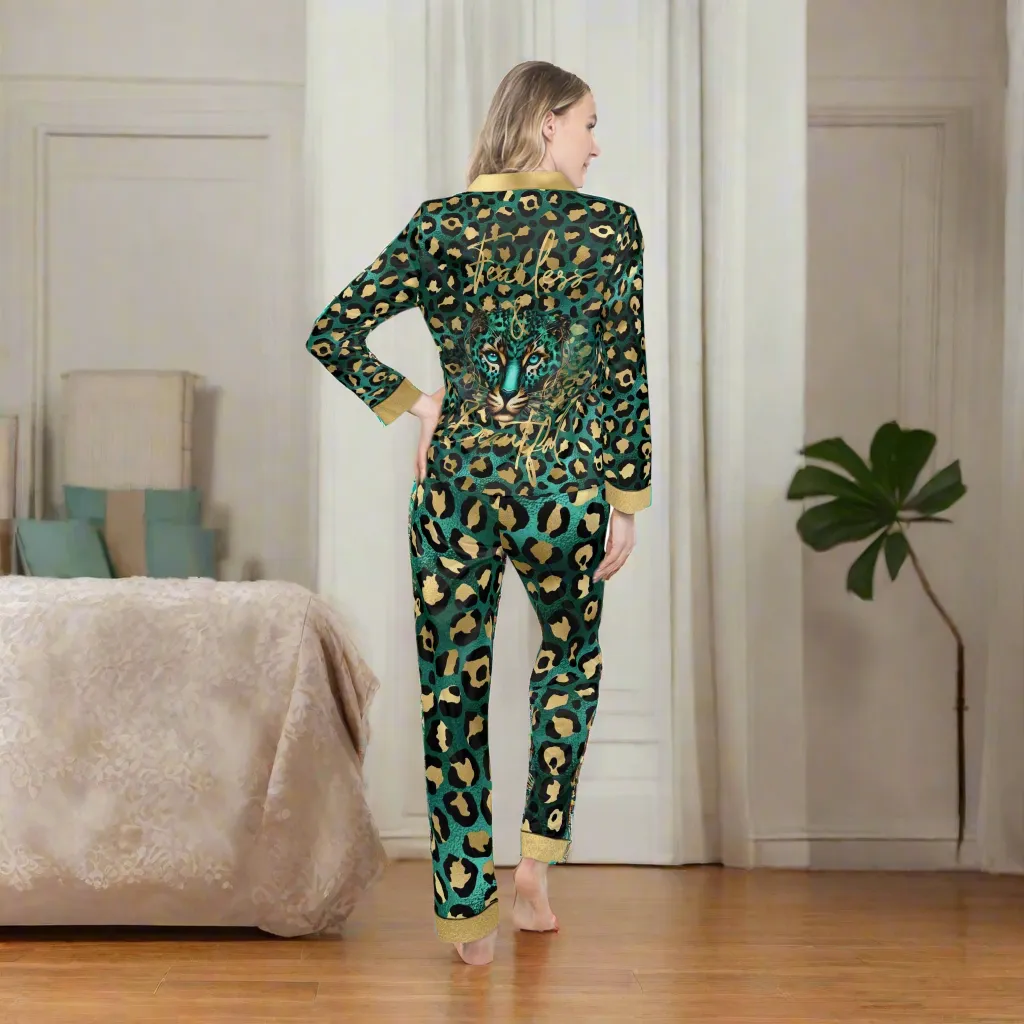 Women's Luxury Leopard Print Satin Pajamas - Empowering Fearless & Beautiful Sleepwear Set