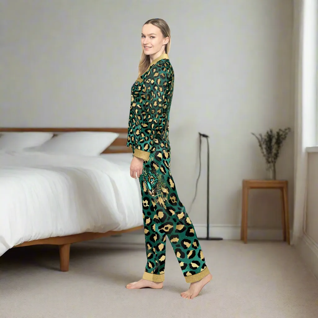 Women's Luxury Leopard Print Satin Pajamas - Empowering Fearless & Beautiful Sleepwear Set