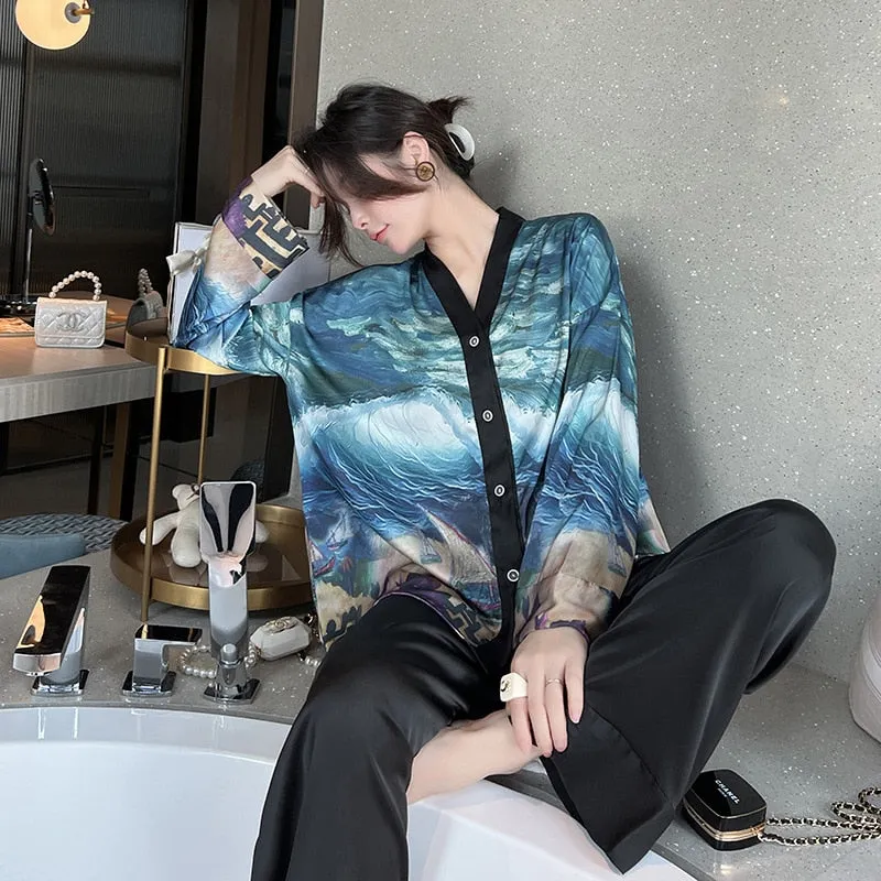 Women's Pajamas Set Luxury Fashion Paint Print Sleepwear Silk Like Homewear V Neck Nightwear New пижама женская