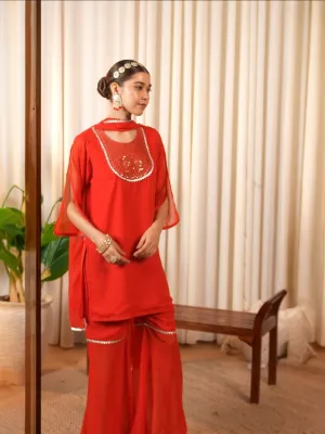 Women's Solid Kurta With Embroidered Neck Yoke, Matching Bottom With Dupatta Having Lace Details