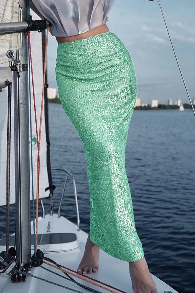 Xieyinshe Elegant Solid Sequins Straight Solid Color Bottoms