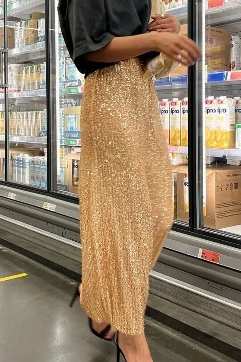 Xieyinshe Elegant Solid Sequins Straight Solid Color Bottoms