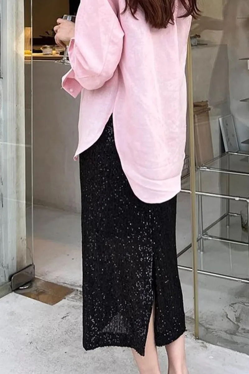 Xieyinshe Elegant Solid Sequins Straight Solid Color Bottoms