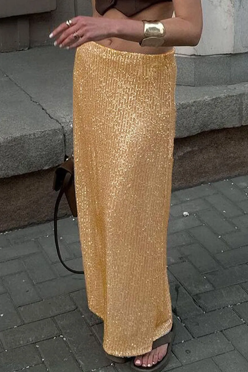Xieyinshe Elegant Solid Sequins Straight Solid Color Bottoms