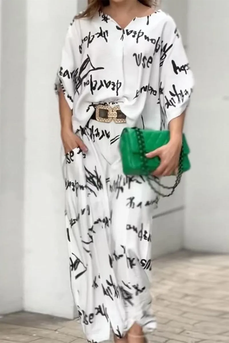 Xieyinshe Street Elegant Letter Print Pocket Without Belt V Neck Two Pieces