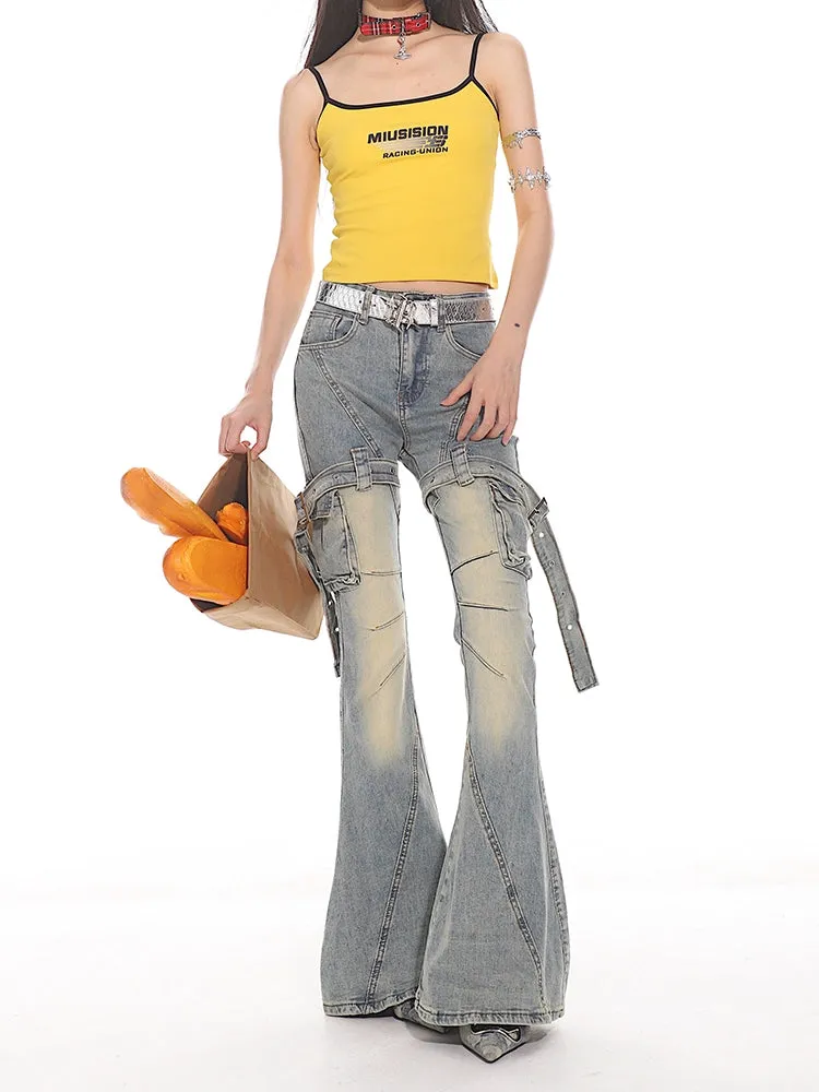 Y2K Cargo Buckle Flared Jeans