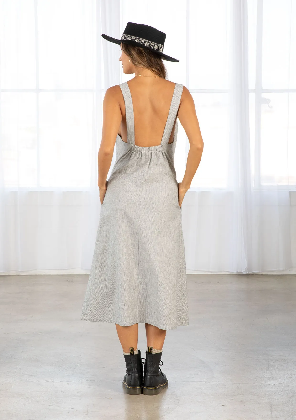 Yarn Dye Boho Linen Blend Sleeveless Midi Dress