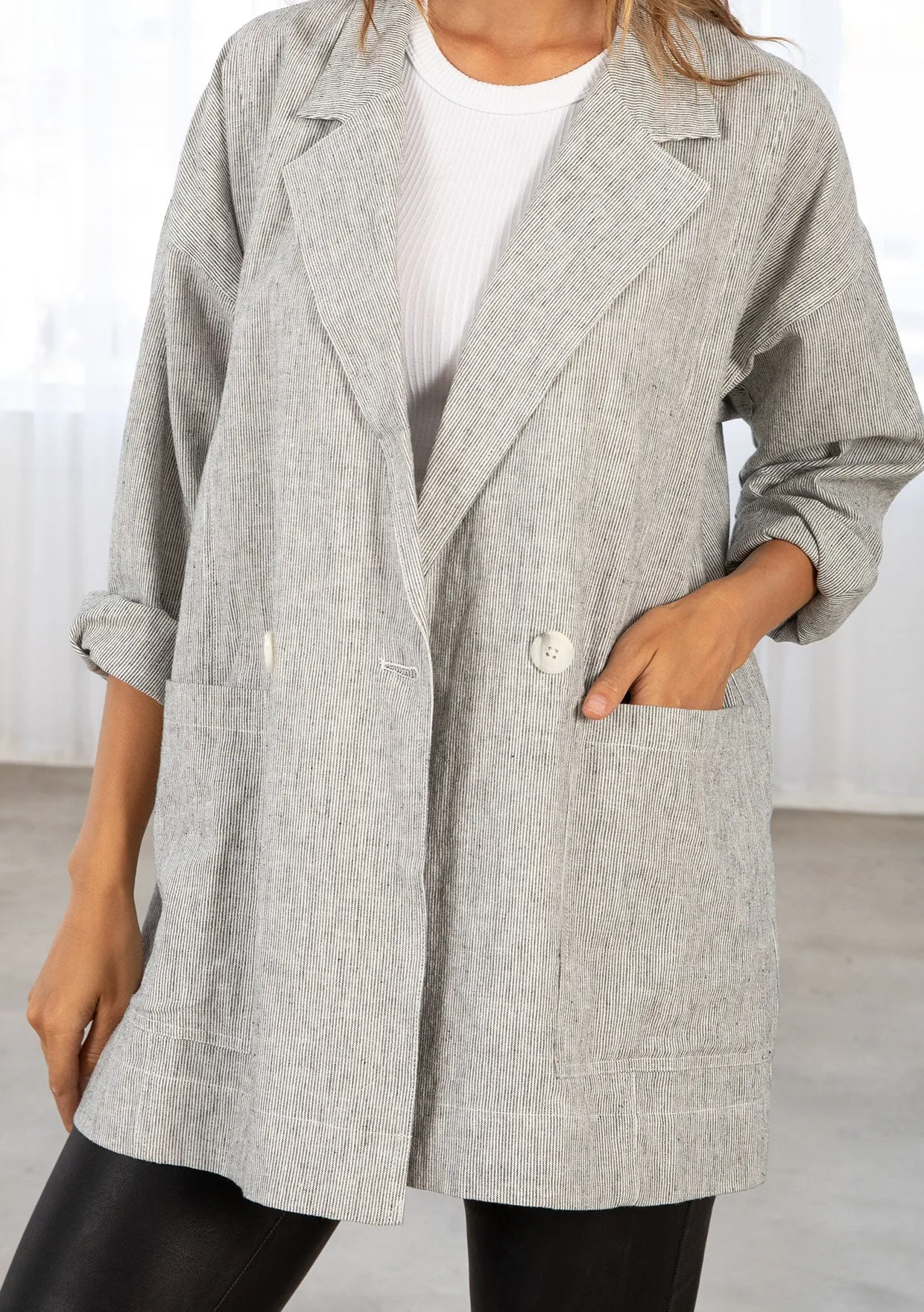 Yarn Dye Linen Blend Double Breasted Blazer