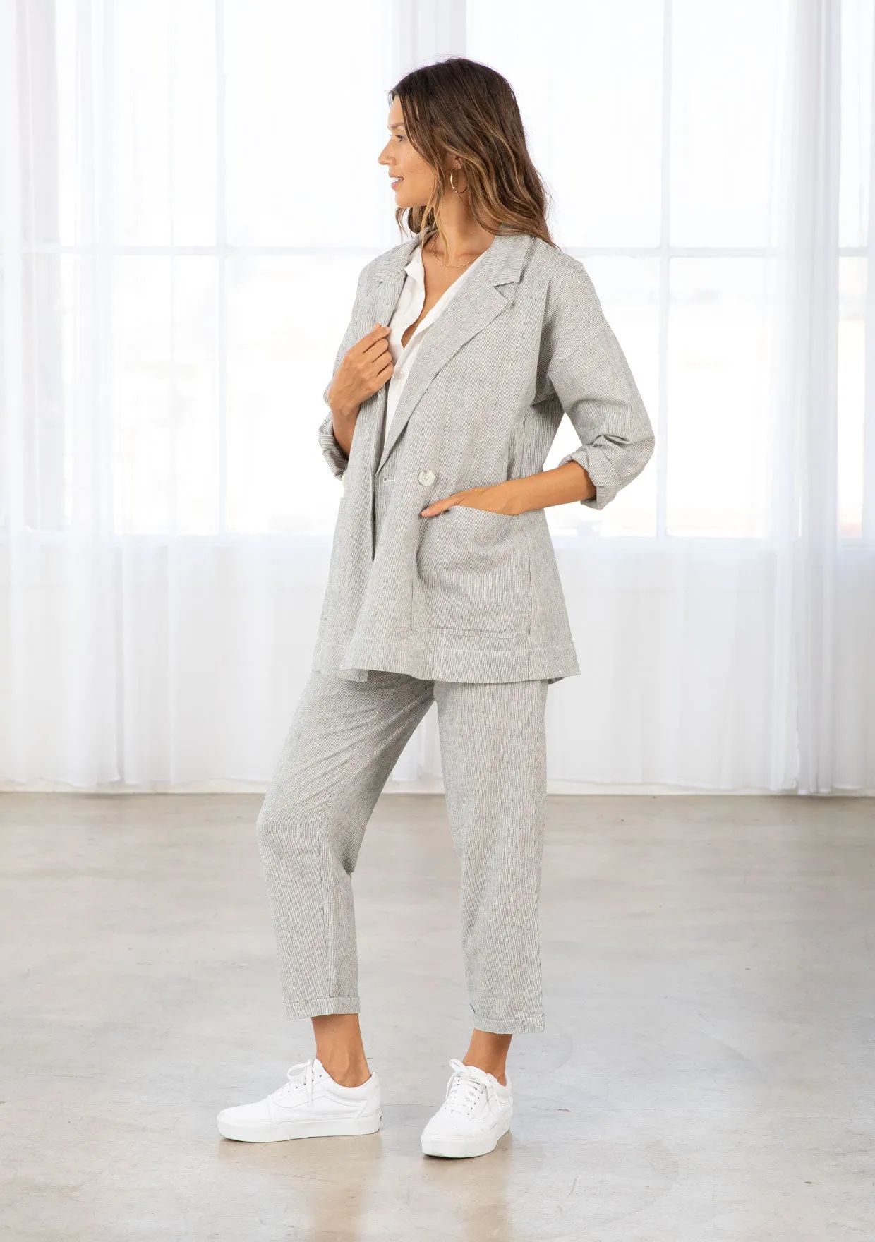 Yarn Dye Linen Blend Double Breasted Blazer