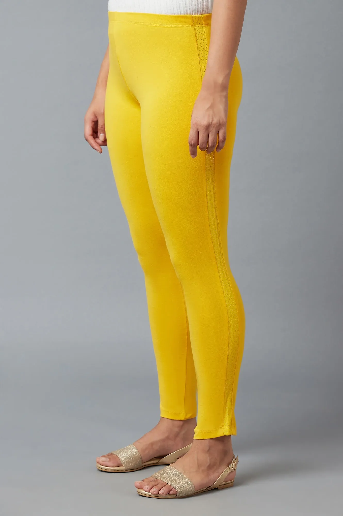 Yellow Cotton Lycra Tights For Women