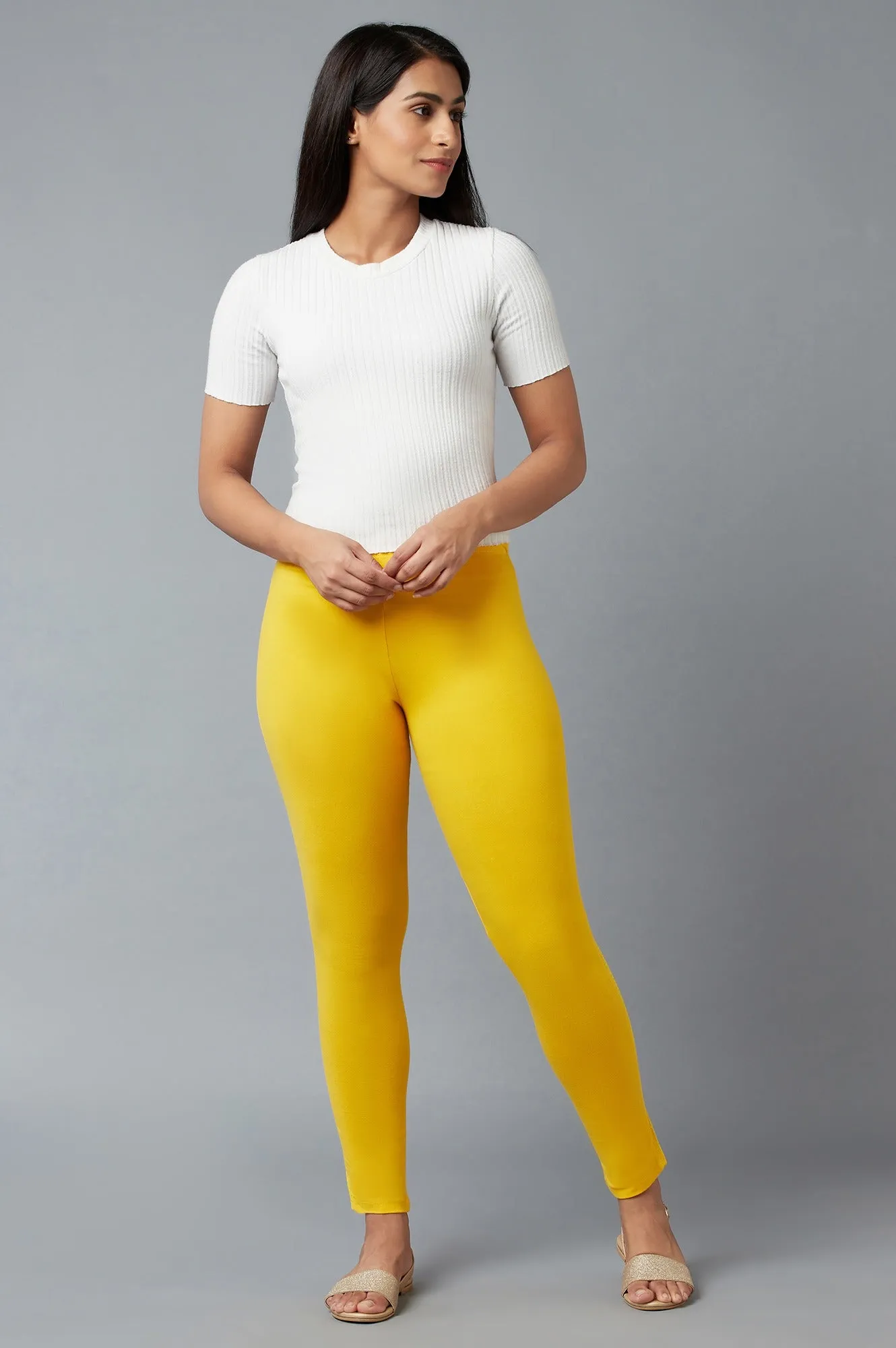 Yellow Cotton Lycra Tights For Women