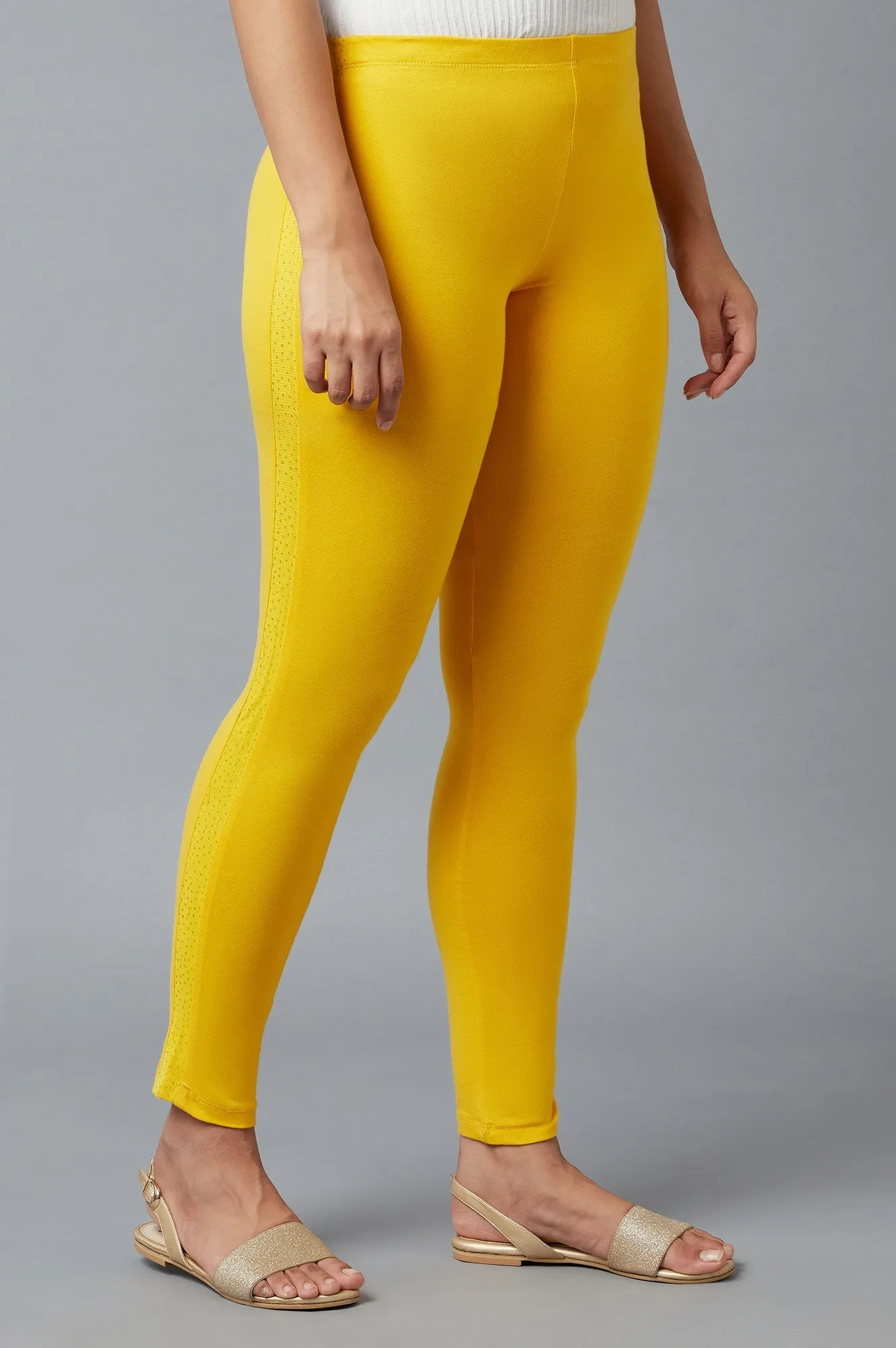 Yellow Cotton Lycra Tights For Women