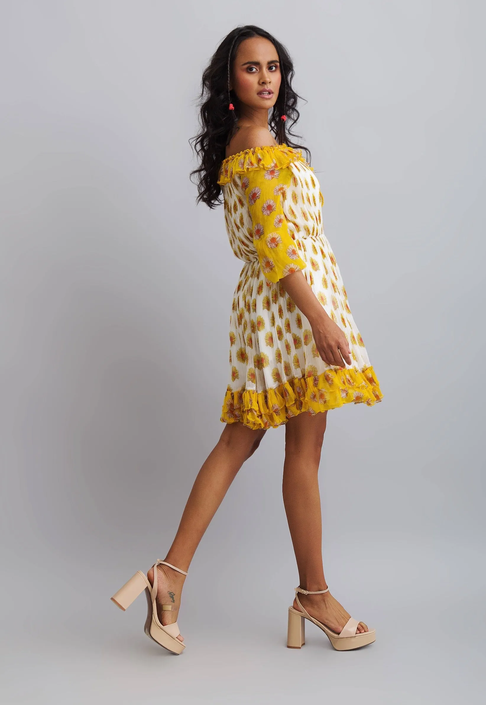 Yellow Daisy Printed Gathered Chiffon Dress