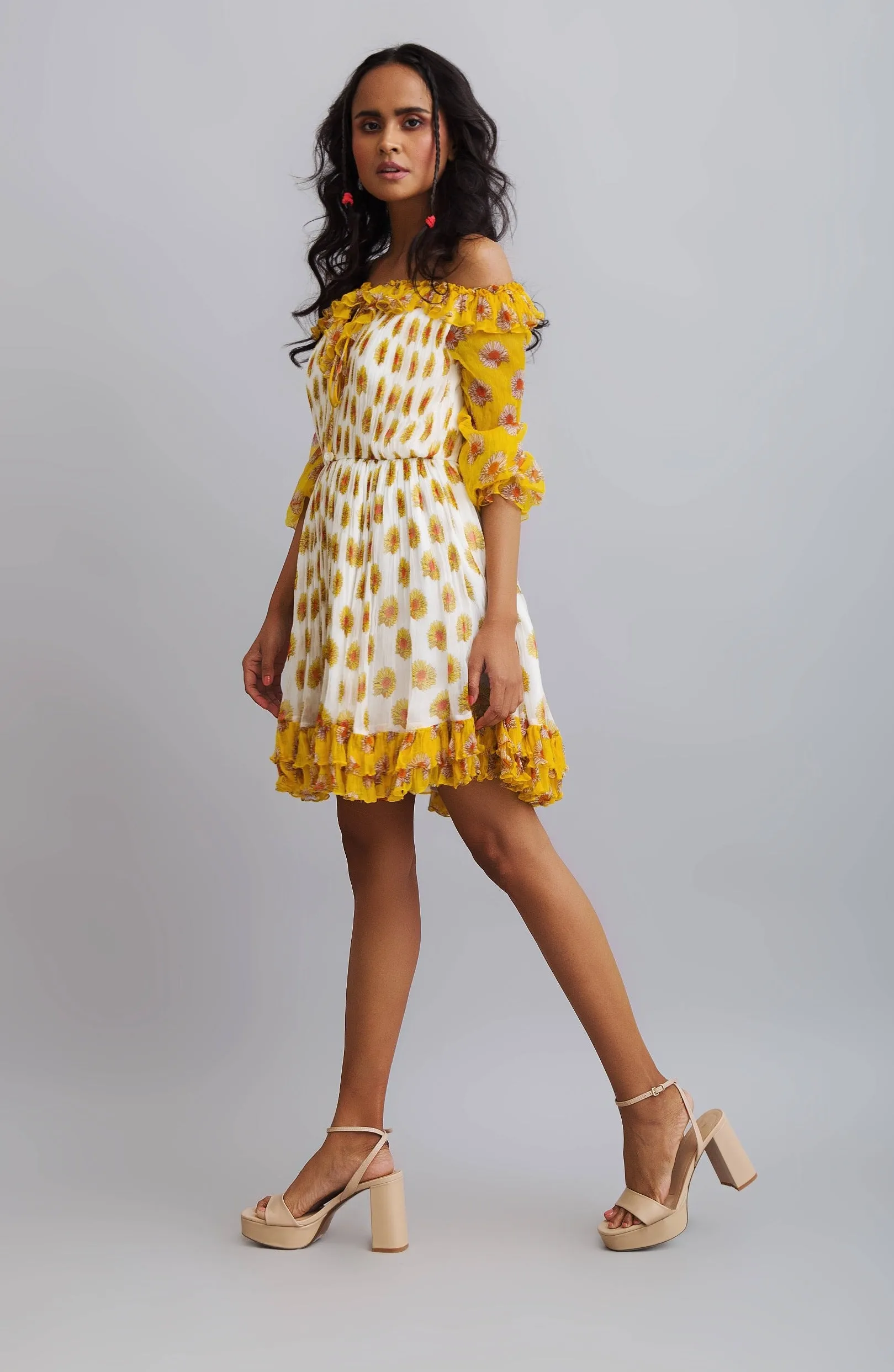 Yellow Daisy Printed Gathered Chiffon Dress