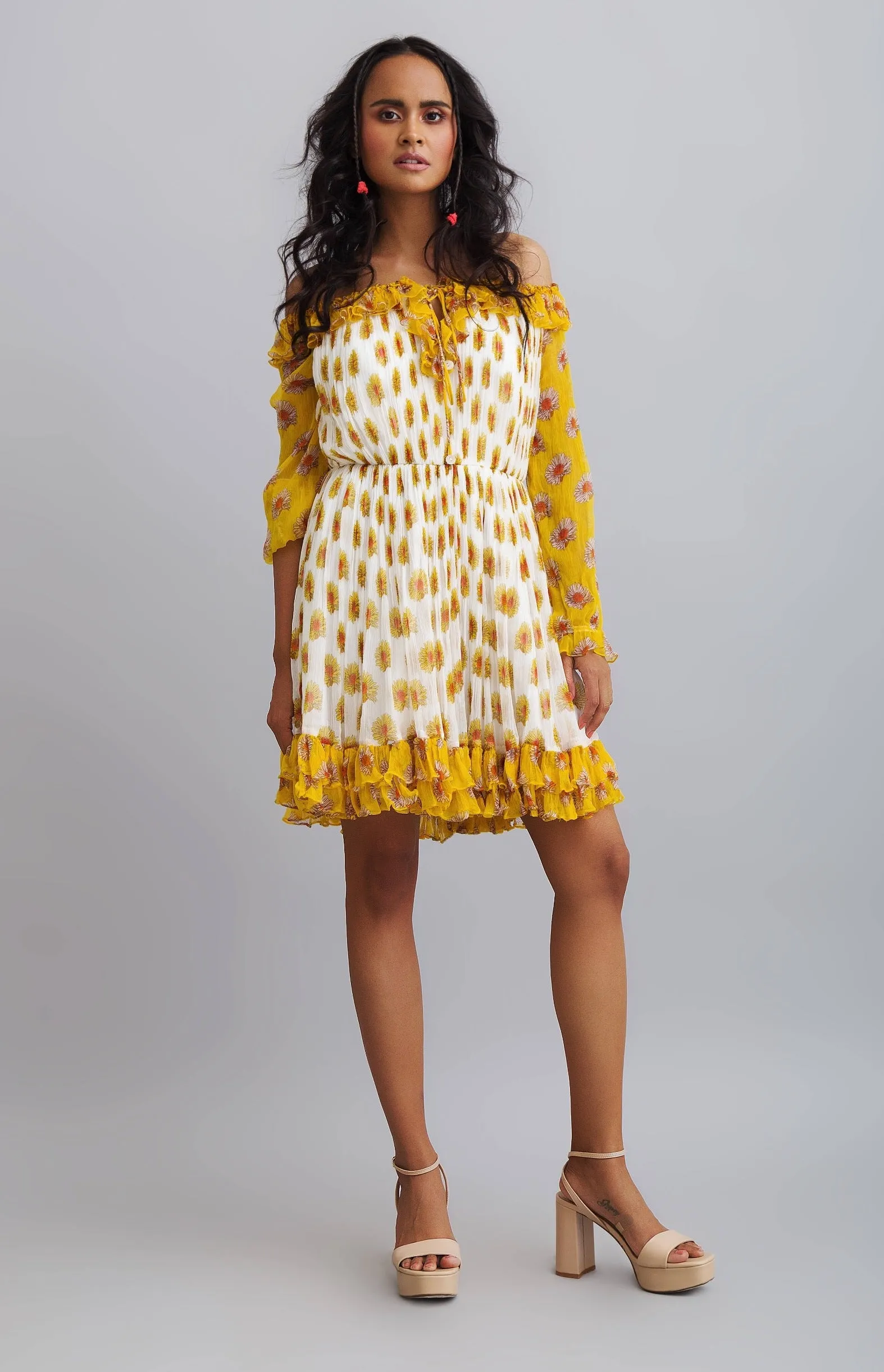 Yellow Daisy Printed Gathered Chiffon Dress