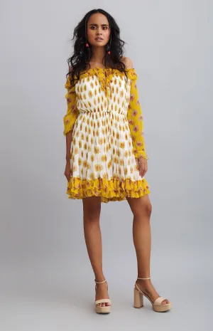 Yellow Daisy Printed Gathered Chiffon Dress