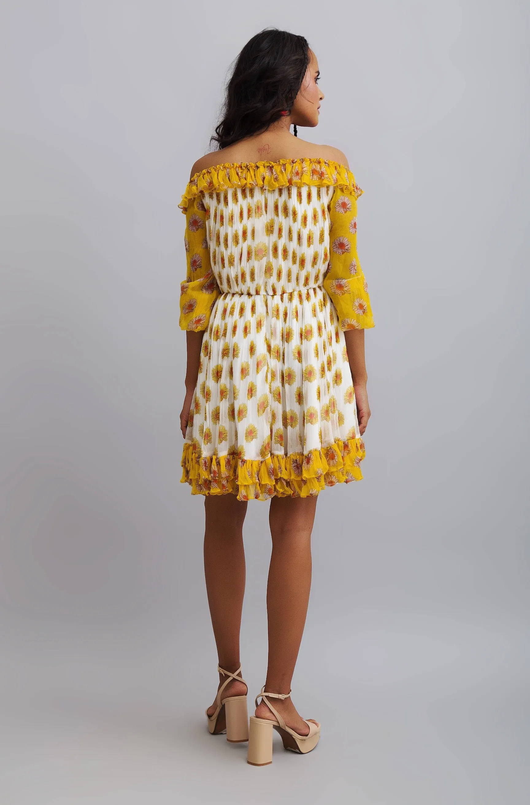 Yellow Daisy Printed Gathered Chiffon Dress