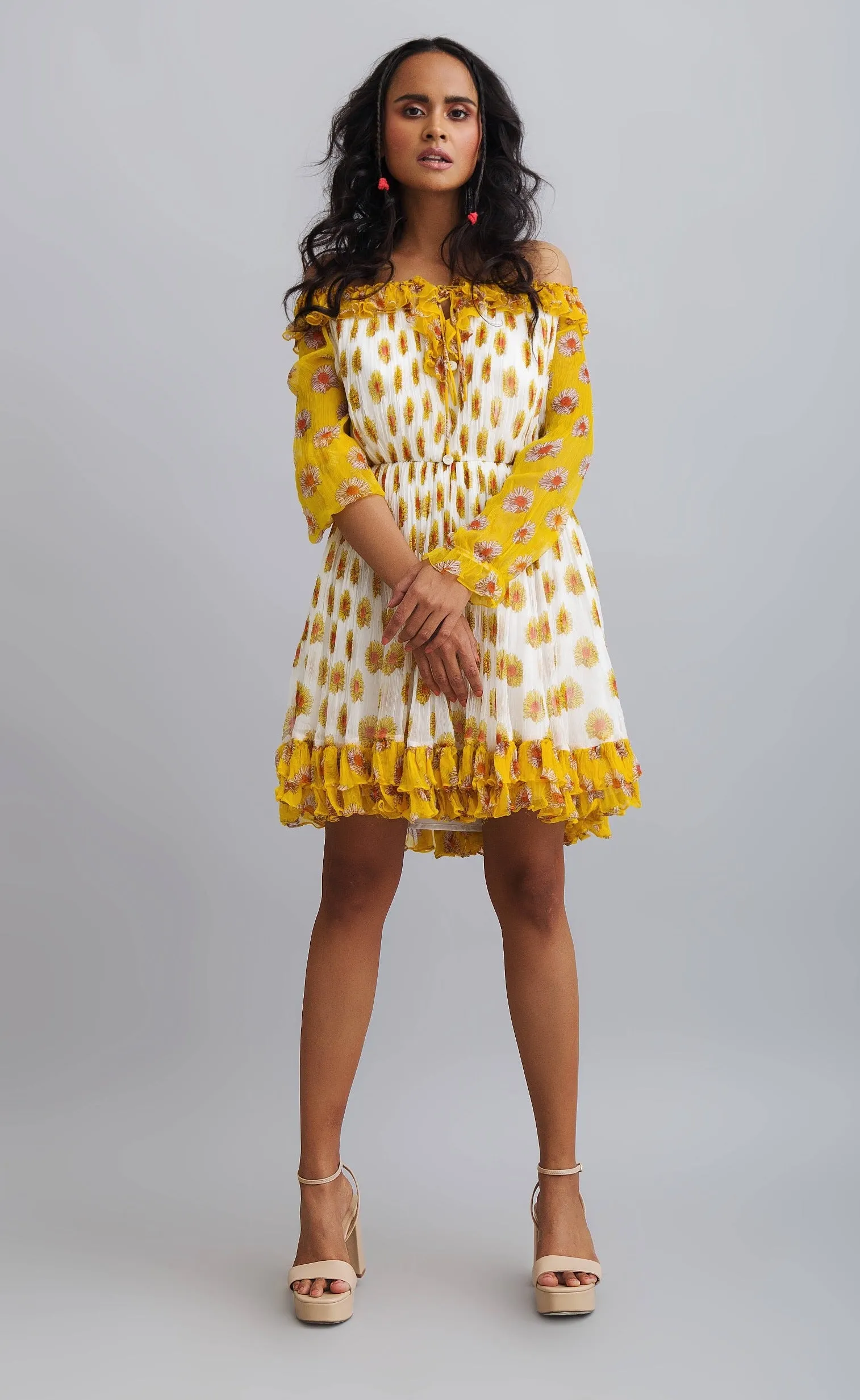 Yellow Daisy Printed Gathered Chiffon Dress