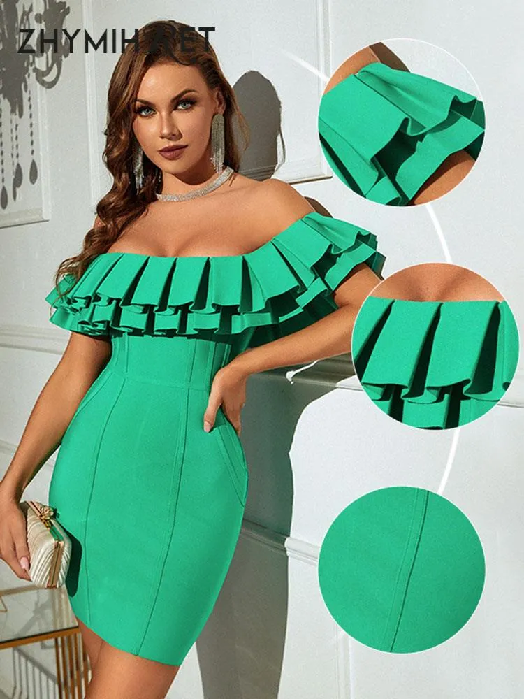 ZHYMIHRET High End New In Ruffles Slash Neck Bandage Dress Women 2023 Trendy Summer Formal Dress Elegant Party Short Vestidos