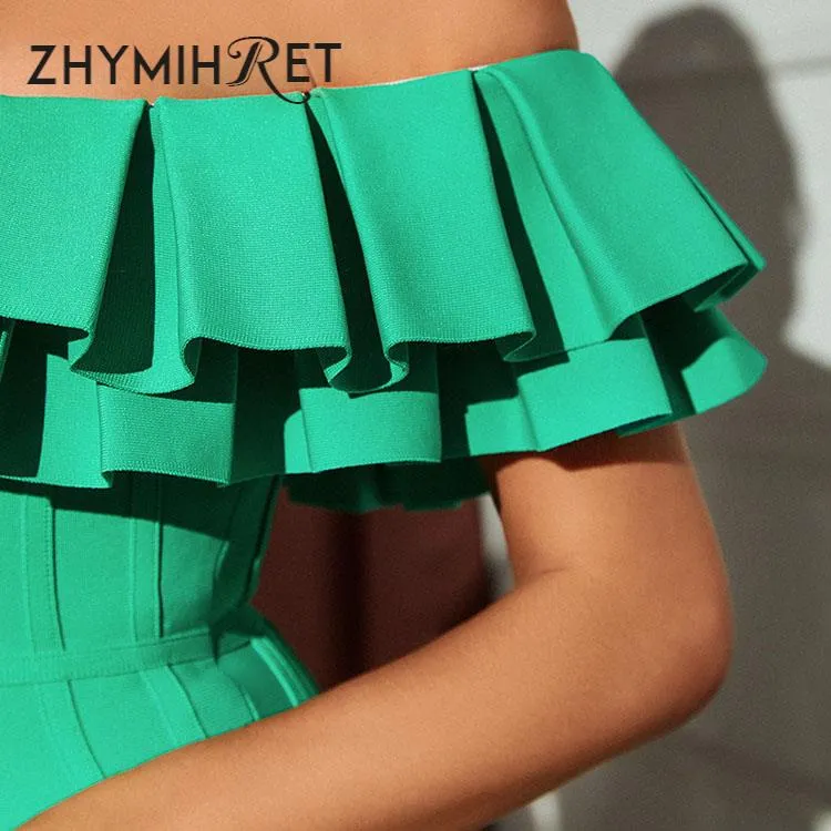 ZHYMIHRET High End New In Ruffles Slash Neck Bandage Dress Women 2023 Trendy Summer Formal Dress Elegant Party Short Vestidos