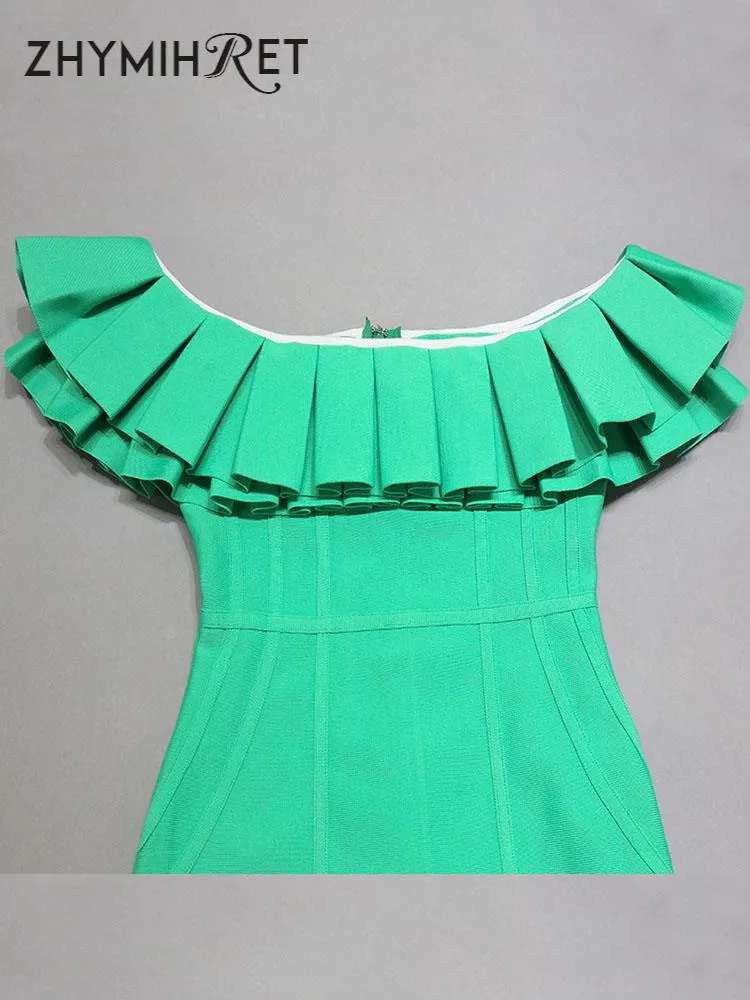 ZHYMIHRET High End New In Ruffles Slash Neck Bandage Dress Women 2023 Trendy Summer Formal Dress Elegant Party Short Vestidos