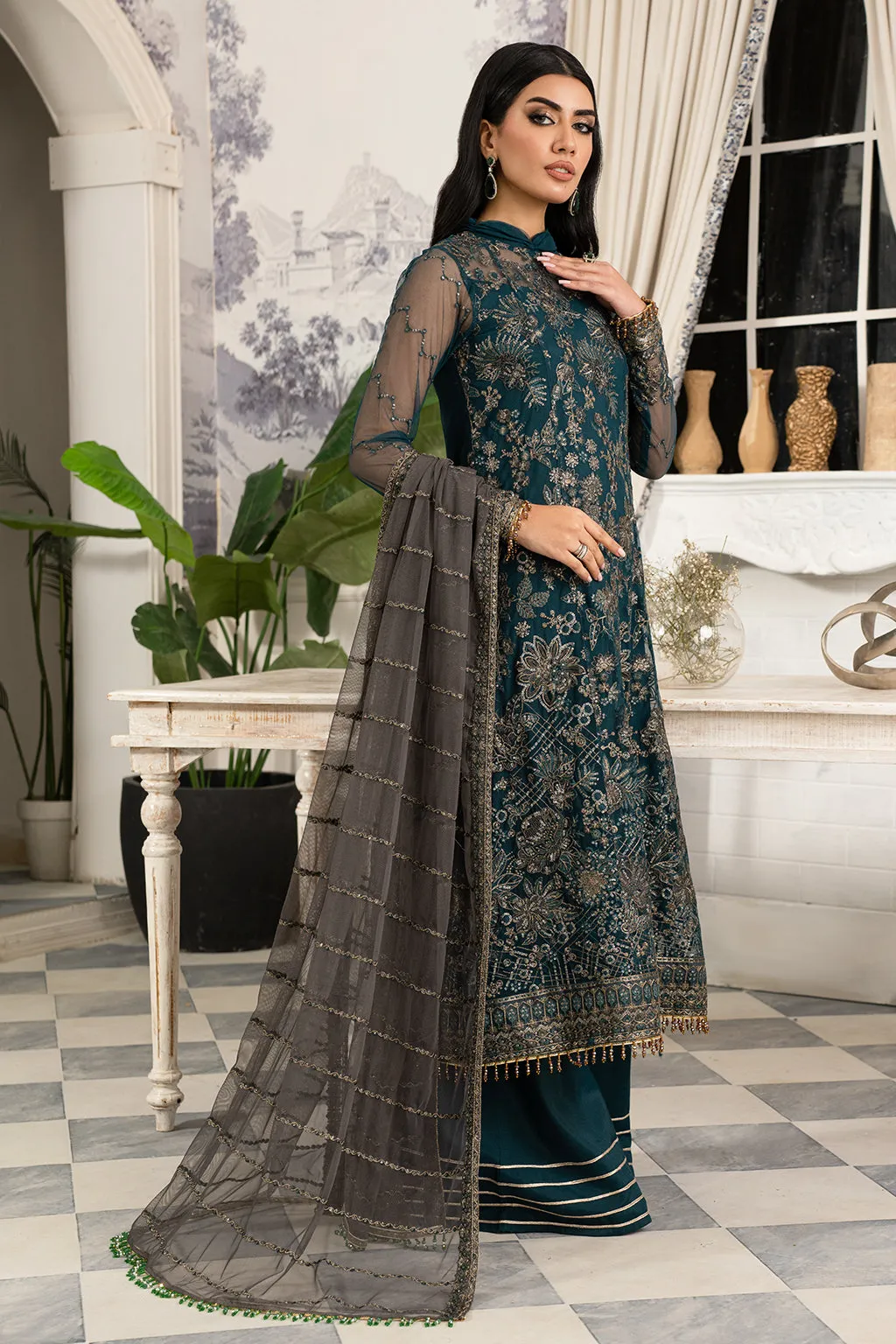 Zinc Shade Embroidered Pakistani Party Wear Kameez Gharara