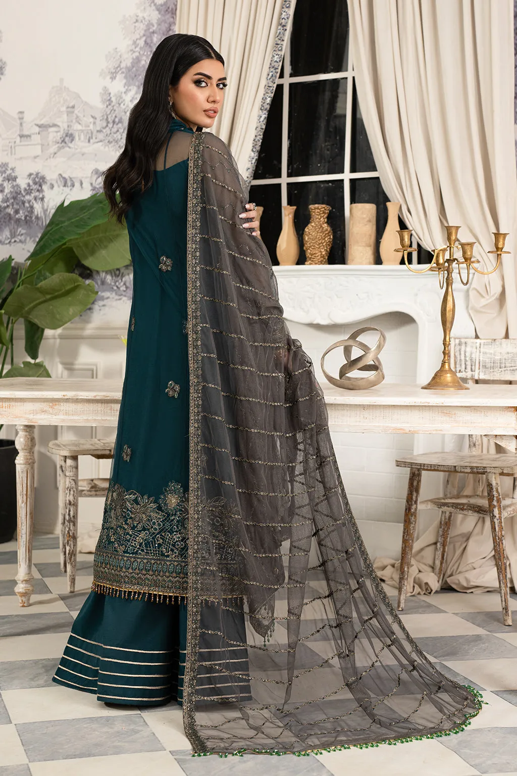 Zinc Shade Embroidered Pakistani Party Wear Kameez Gharara